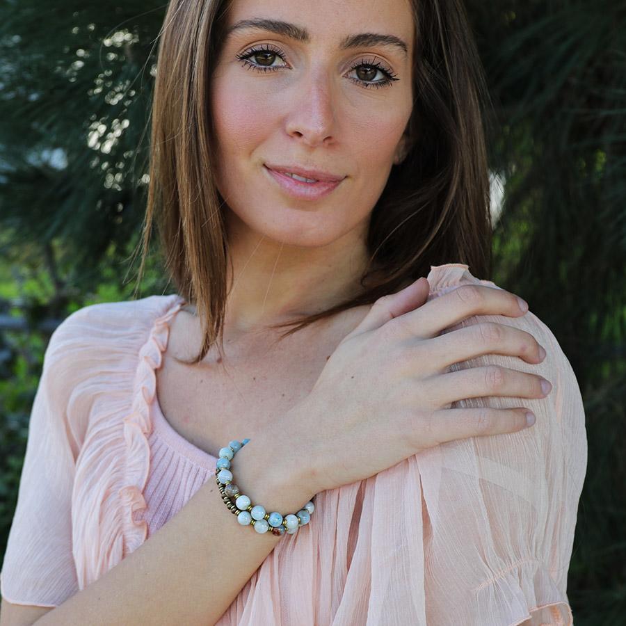 model wearing aquamarine mala bracelet