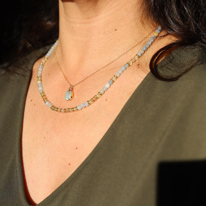"Joy and Calm" Aquamarine Sunstone and Prehnite Delicate Necklace