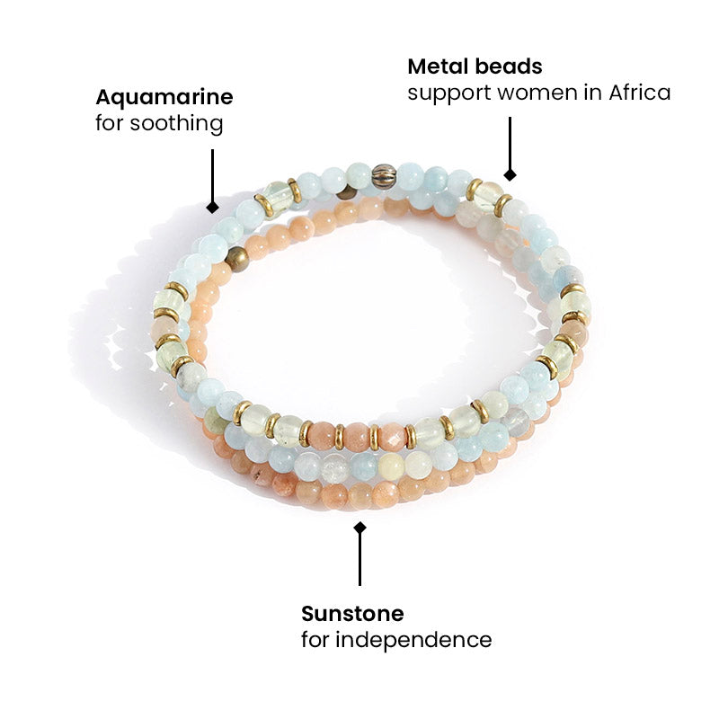 "Joy and Calm" Aquamarine Sunstone and Prehnite Delicate Bracelet Stack