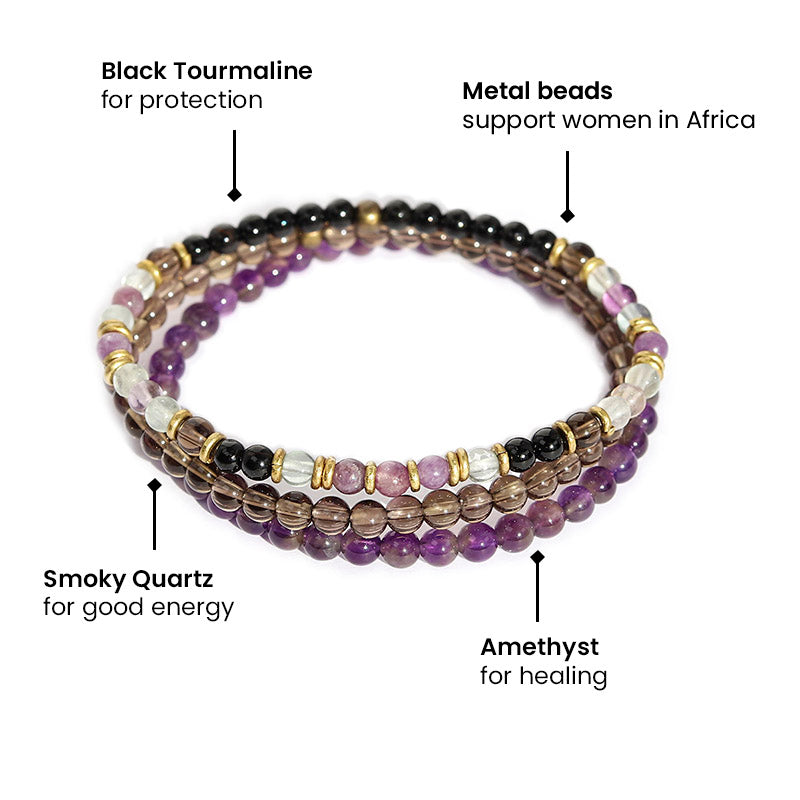 "Protection and Good Energy" Black Tourmaline Smoky Quartz and Amethyst Delicate Bracelet Stack