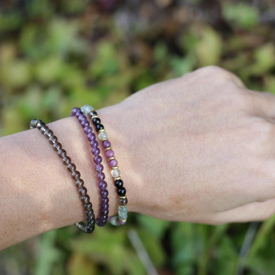 "Protection and Good Energy" Black Tourmaline Smoky Quartz and Amethyst Delicate Bracelet Stack