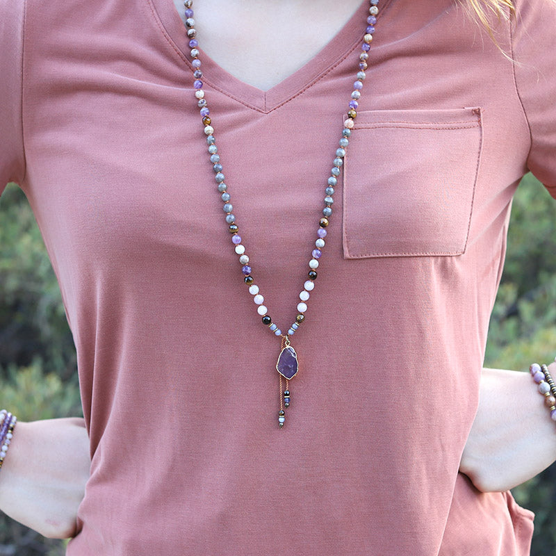 Chevron Amethyst and Kunzite Hand Knotted Mala Necklace