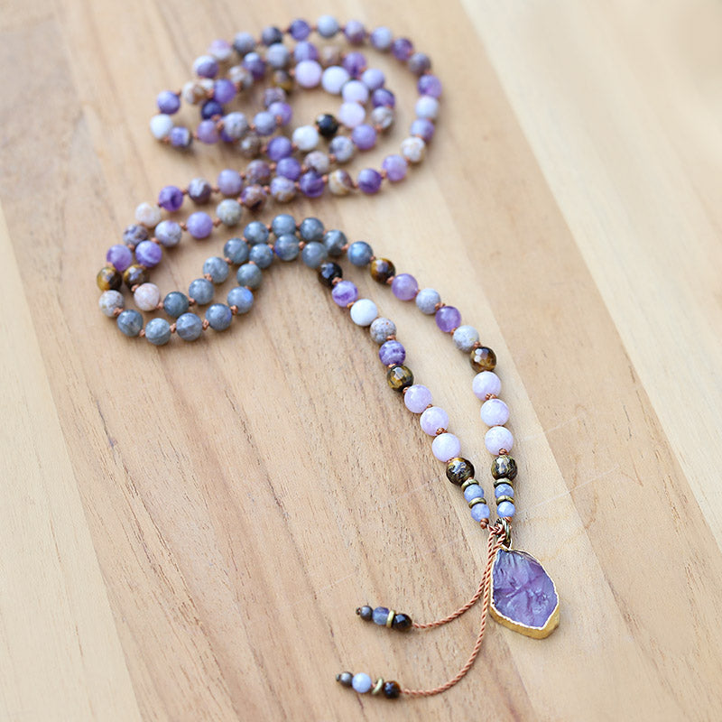 Chevron Amethyst and Kunzite Hand Knotted Mala Necklace