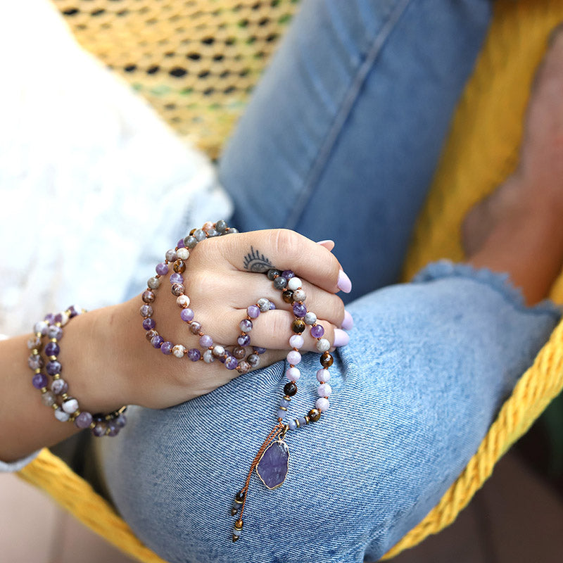 Chevron Amethyst and Kunzite Hand Knotted Mala Necklace