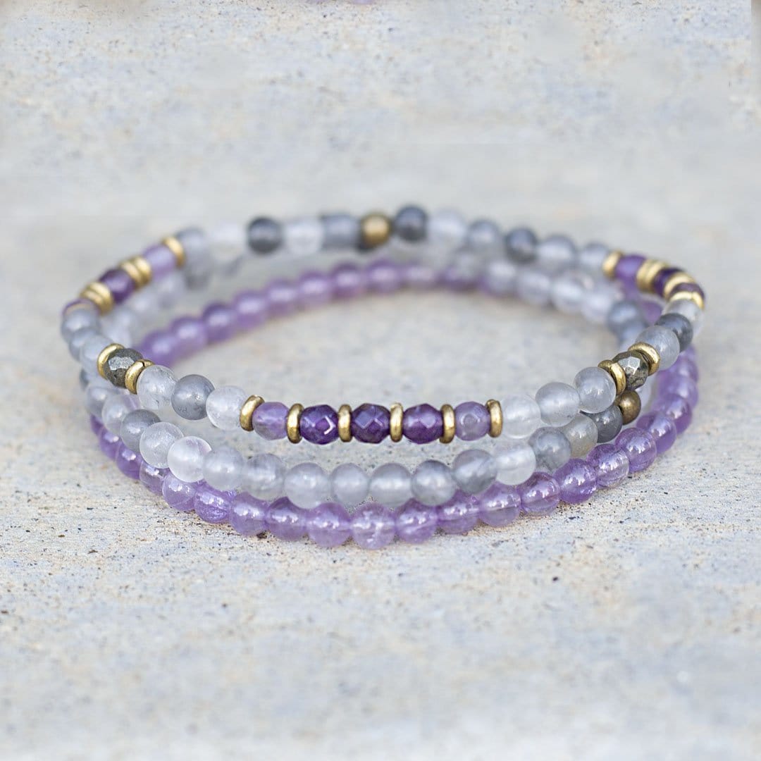 Genuine delicate Cloudy Quartz Crystal and Amethyst Bracelet Set