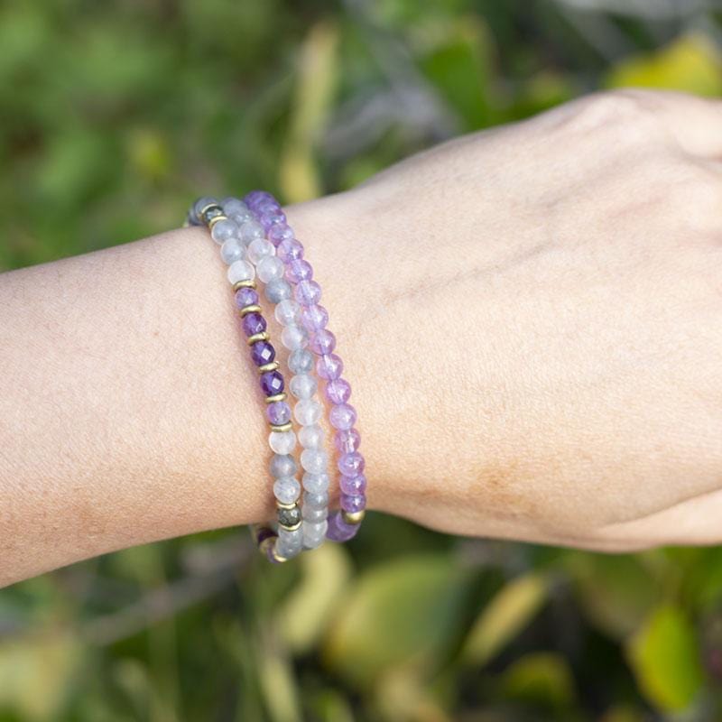 Cloudy Quartz Crystal and Amethyst Dainty Bracelet Set on hand model