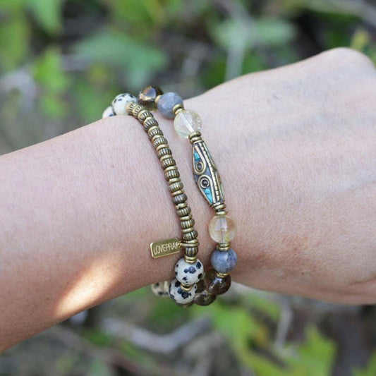 Dalmatian Smoky Quartz and Citrine Tibetan Guru Bead Mala Bracelet