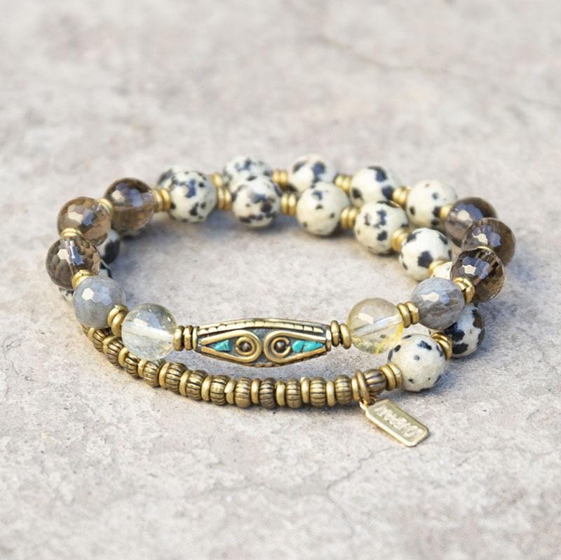 Dalmatian Smoky Quartz and Citrine Tibetan Guru Bead Mala Bracelet