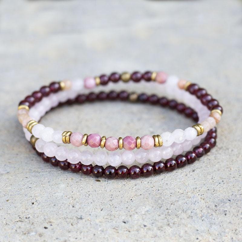 Dainty Garnet and Rose Quartz Bracelet Set