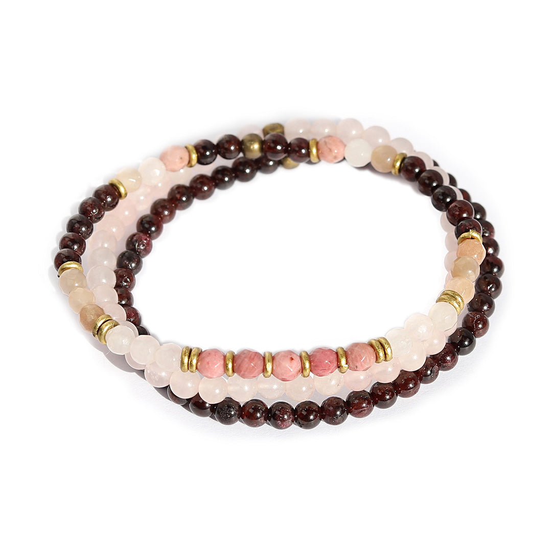 Garnet and Rose Quartz Delicate Beaded Bracelet Set