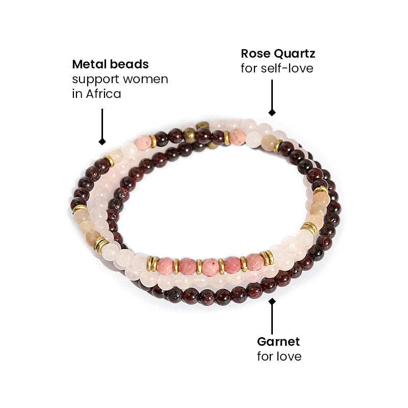 "Love and Self Love" Garnet and Rose Quartz Delicate Bracelet Stack