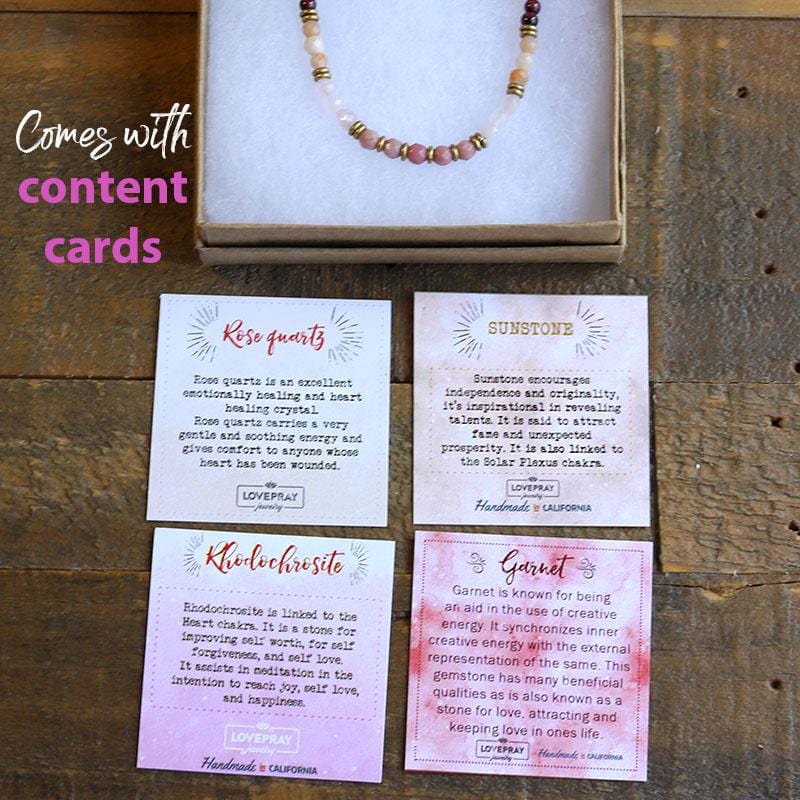 Garnet and Rose Quartz Delicate Necklace with Content Cards