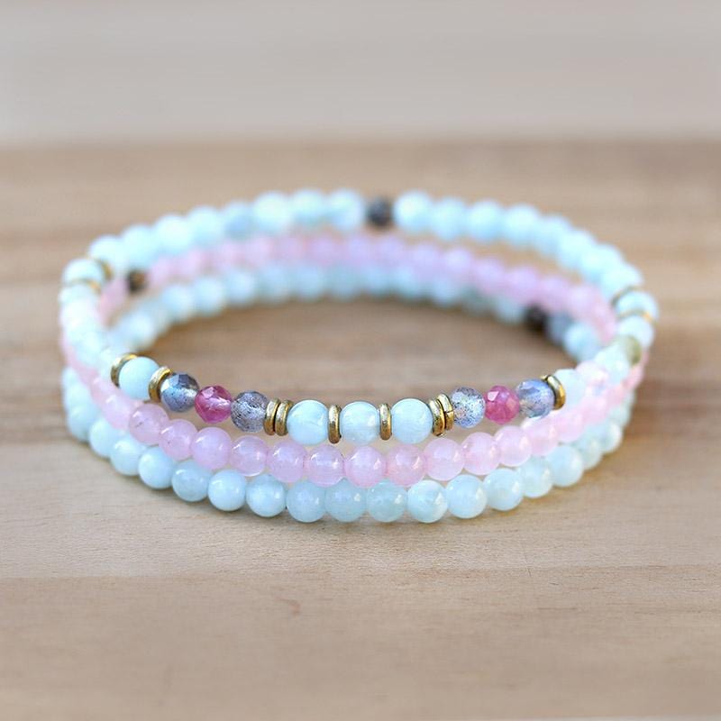 Green Moonstone and Rose Quartz Delicate Bracelet Stack