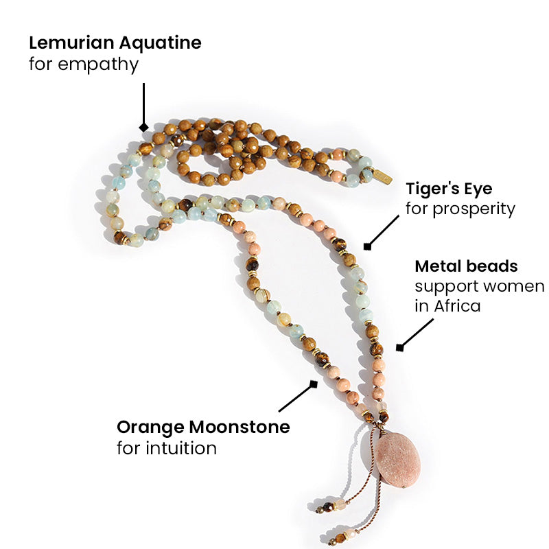 Lemurian Aquatine, Tiger's Eye, and Moonstone Mala Necklace