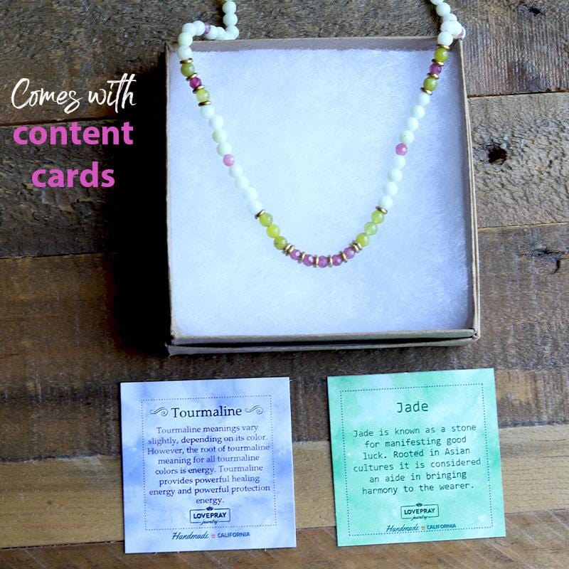 Jade and Pink Tourmaline Delicate Necklace with Content Cards