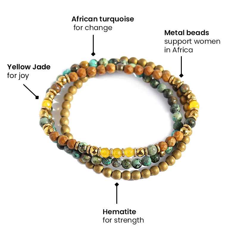 "Nurture and Joy" Jasper Yellow Jade and African Turquoise Delicate Bracelet Stack