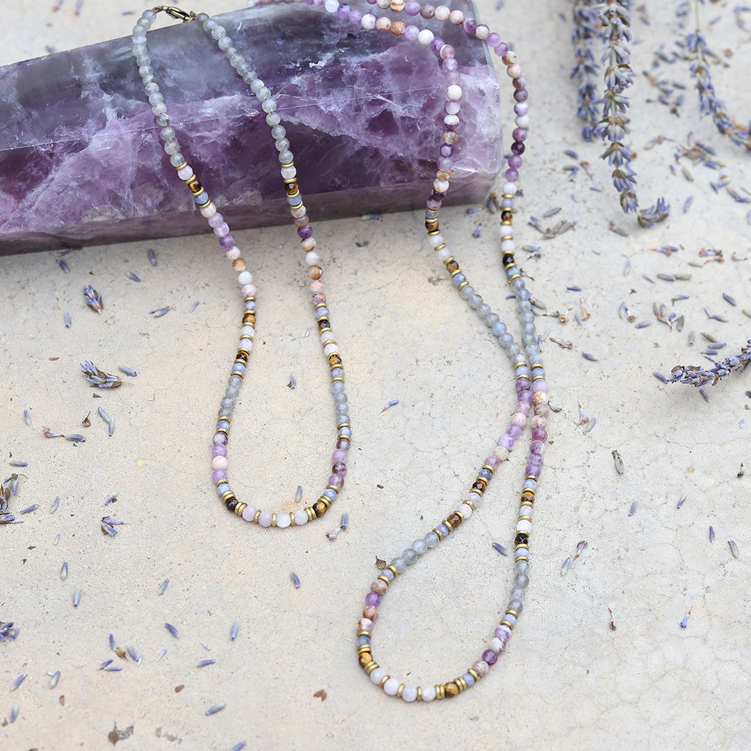 Chevron Amethyst, Kunzite and Labradorite Beaded Gemstone Necklace