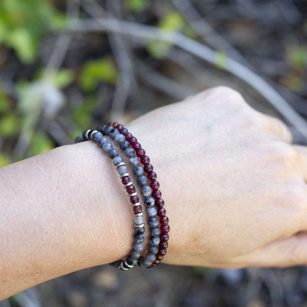 Larvikite and Garnet Delicate Bracelet Set