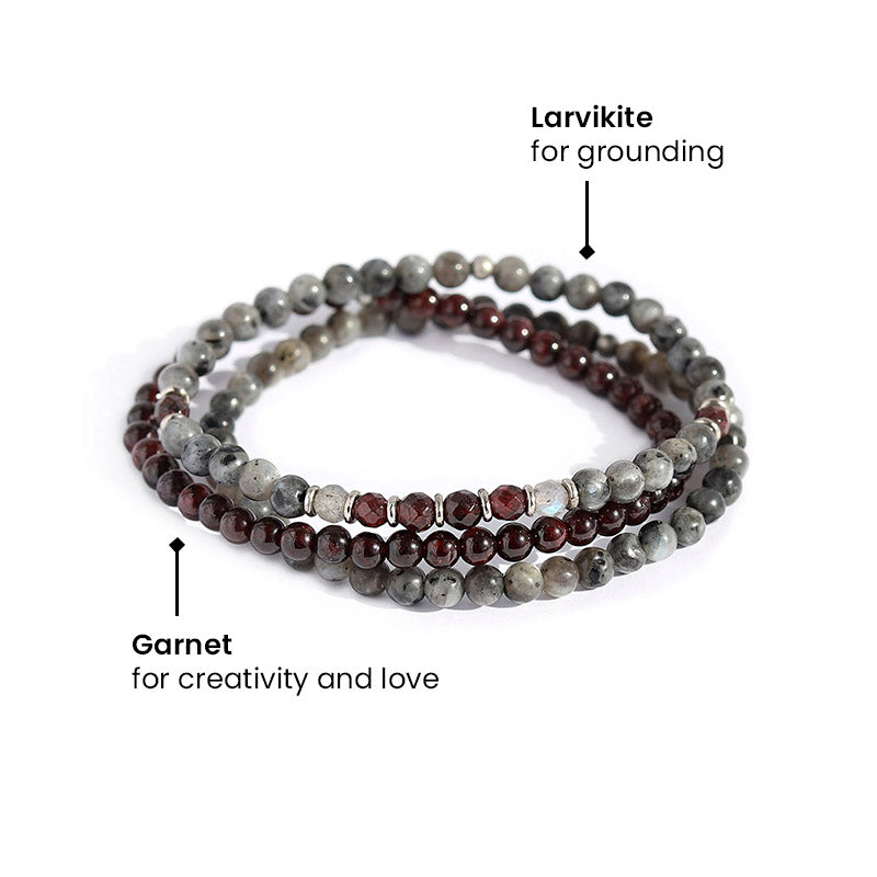 "Grounding and Creativity" Larvikite and Garnet Delicate Bracelet Stack
