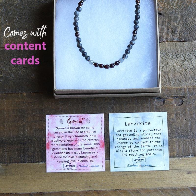 Larvikite and Garnet Delicate Necklace with Content Cards