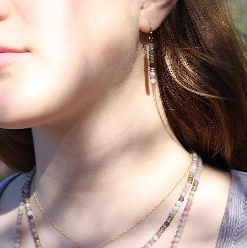 Lepidolite and Labradorite Earrings on model
