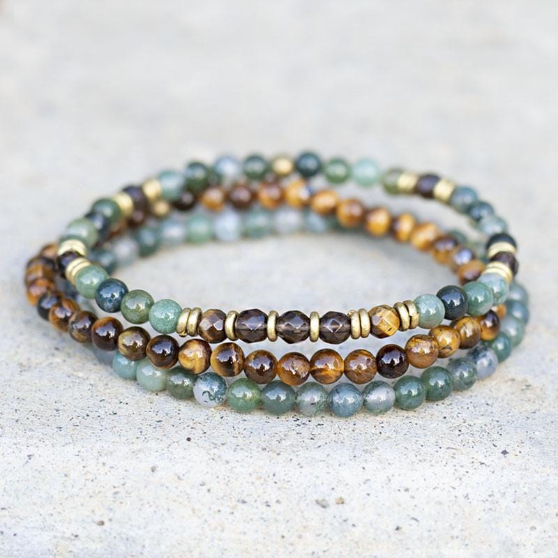 Genuine Delicate Moss Agate, Smoky Quartz and Tigers Eye Bracelet Set