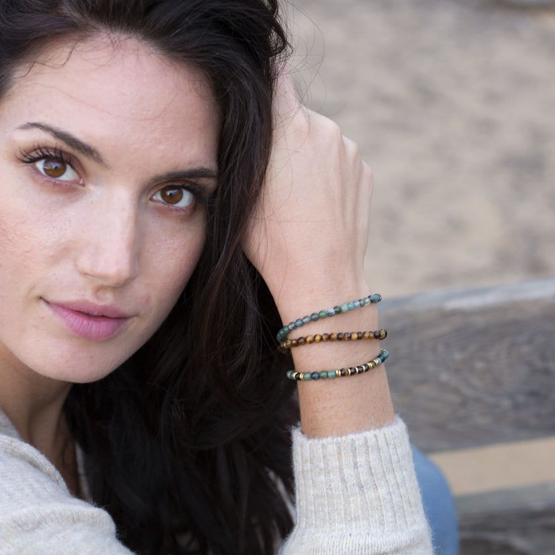 Moss Agate and Tigers Eye Bracelets worn by model