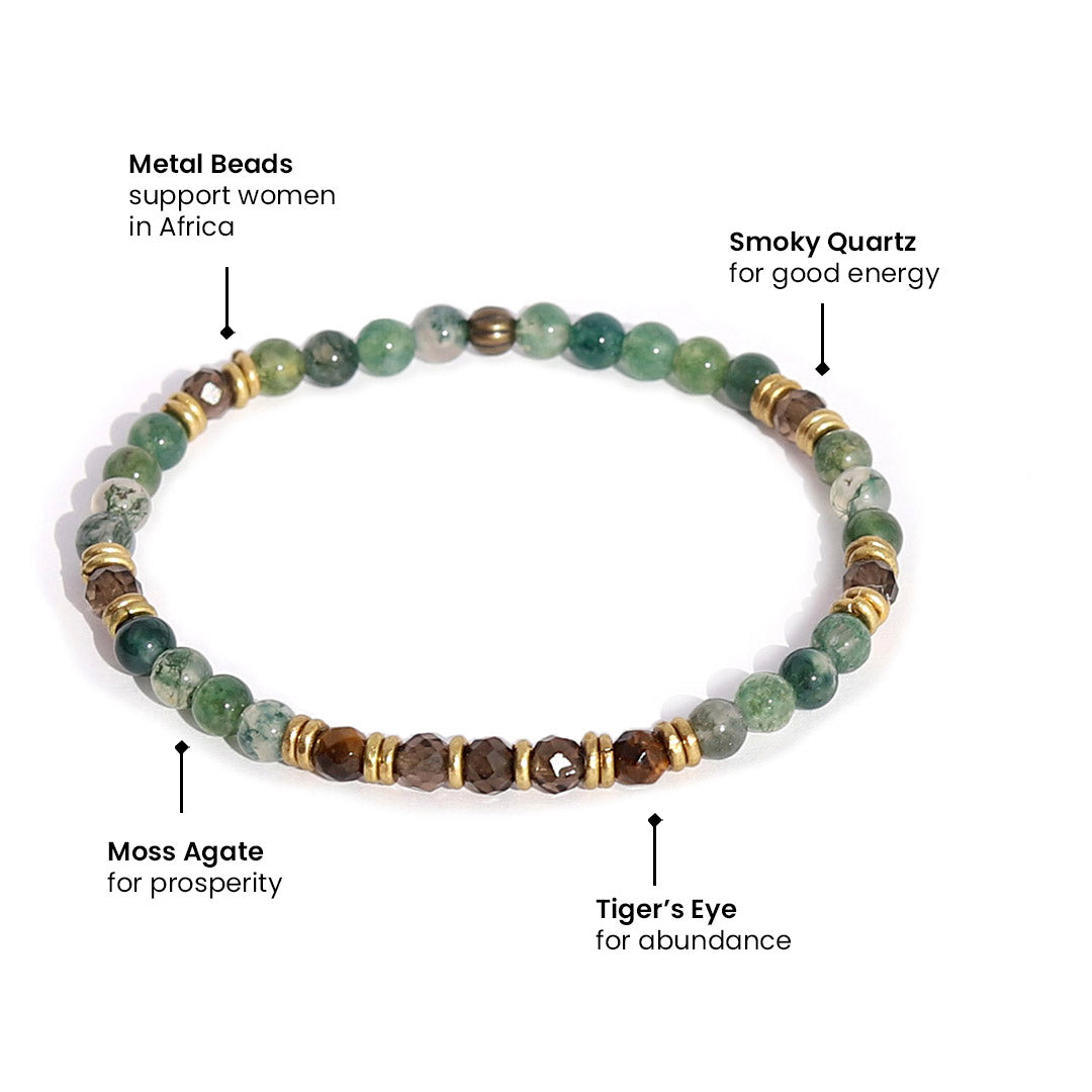 "Prosperity and Abundance" Moss Agate and Smoky Quartz Delicate Gemstone Bracelet