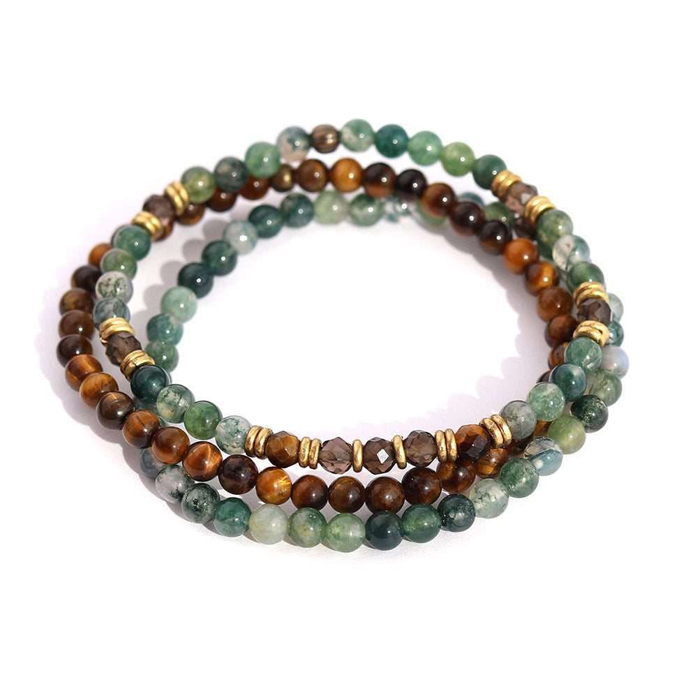 Moss Agate, Smoky Quartz and Tigers Eye Delicate Beaded Bracelet Set