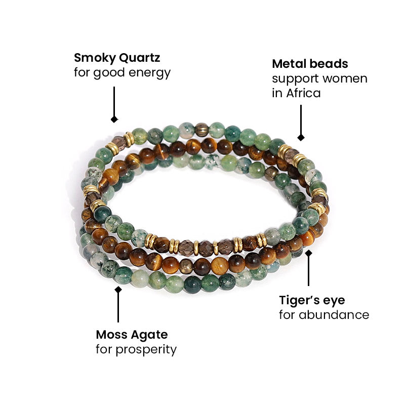 Moss Agate, Smoky Quartz and Tigers Eye Dainty Bracelet Set