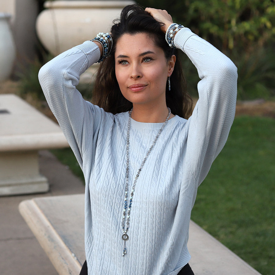 "Calm" Quartz Crystal and Kyanite Hand Knotted Mala Necklace