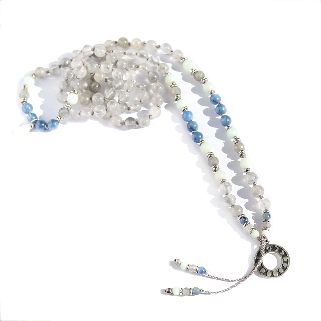"Calm" Quartz Crystal and Kyanite Hand Knotted Mala Necklace