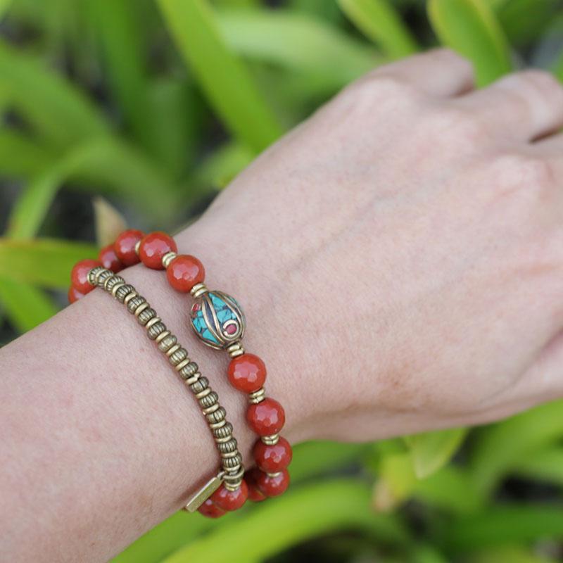 Red Jasper and Tibetan Guru Bead 'Protection' Wrist Mala Bracelet