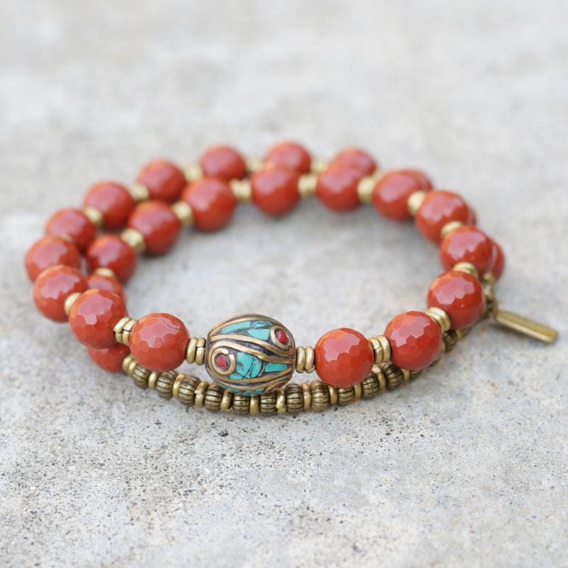 Red Jasper and Tibetan Guru Bead 'Protection' Wrist Mala Bracelet