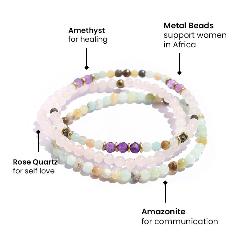 Rose Quartz, Amazonite, and Amethyst Bracelet Set