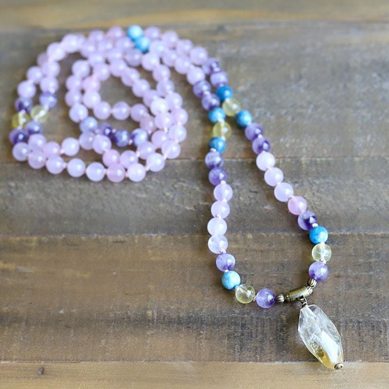 Rose Quartz Amethyst and Apatite Hand Knotted Mala Necklace