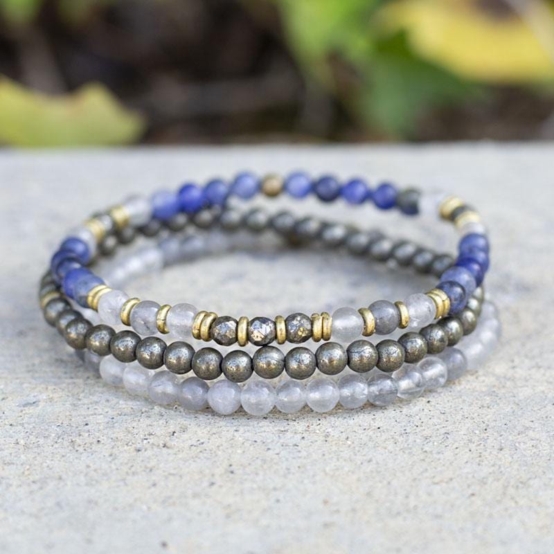 Sodalite Quartz Crystal and Pyrite Delicate Bracelet Set