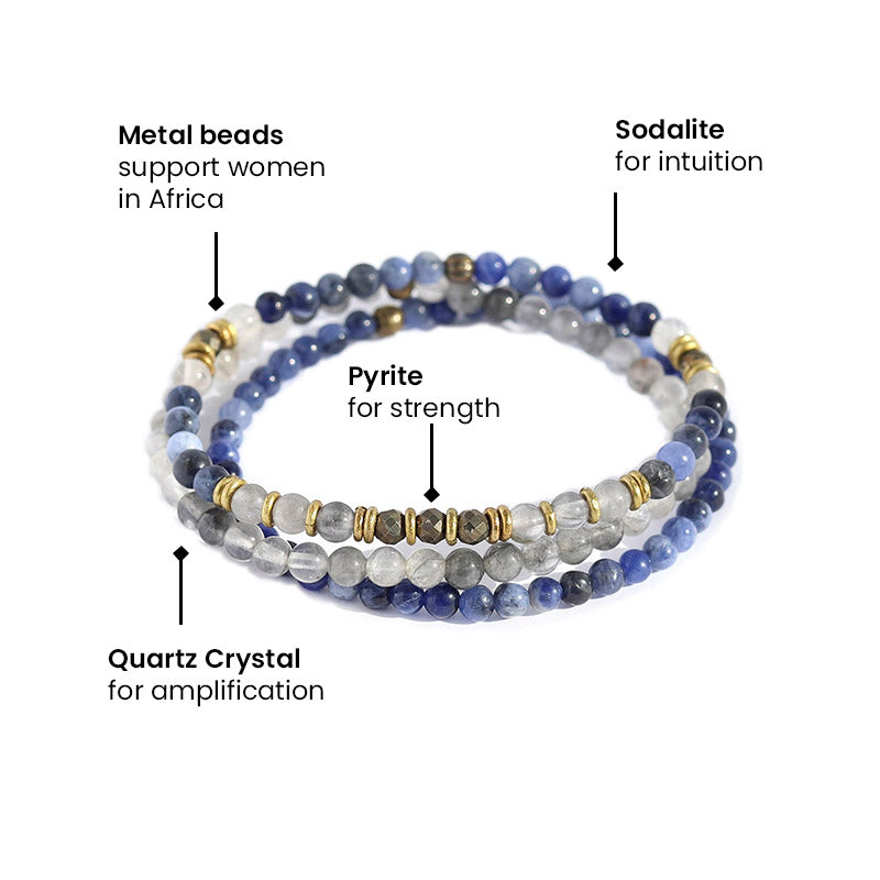 "Intuition and Strength" Sodalite Quartz Crystal and Pyrite Delicate Bracelet Stack