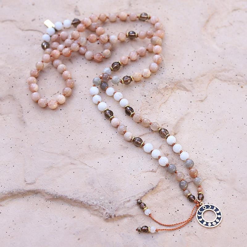 Sunstone and Moonstone Hand-Knotted Mala Necklace