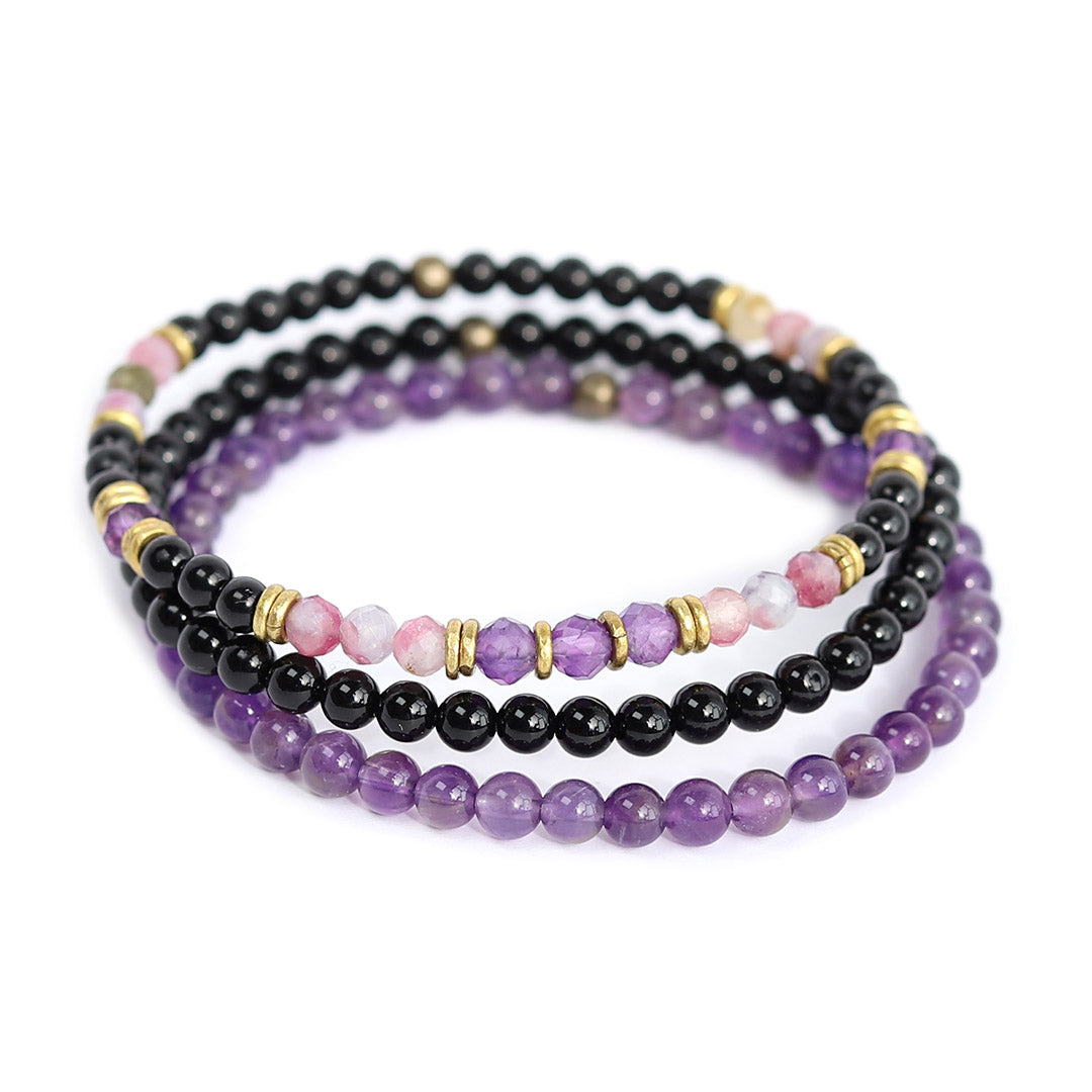 "Protection and Good Energy" Watermelon and Black Tourmaline Delicate Bracelet Set