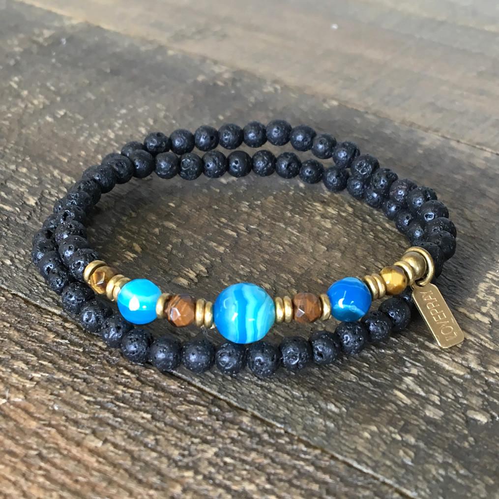 Bracelets - Aromatherapy Lava Stone And Blue Agate, Throat Chakra Wrap Bracelet
