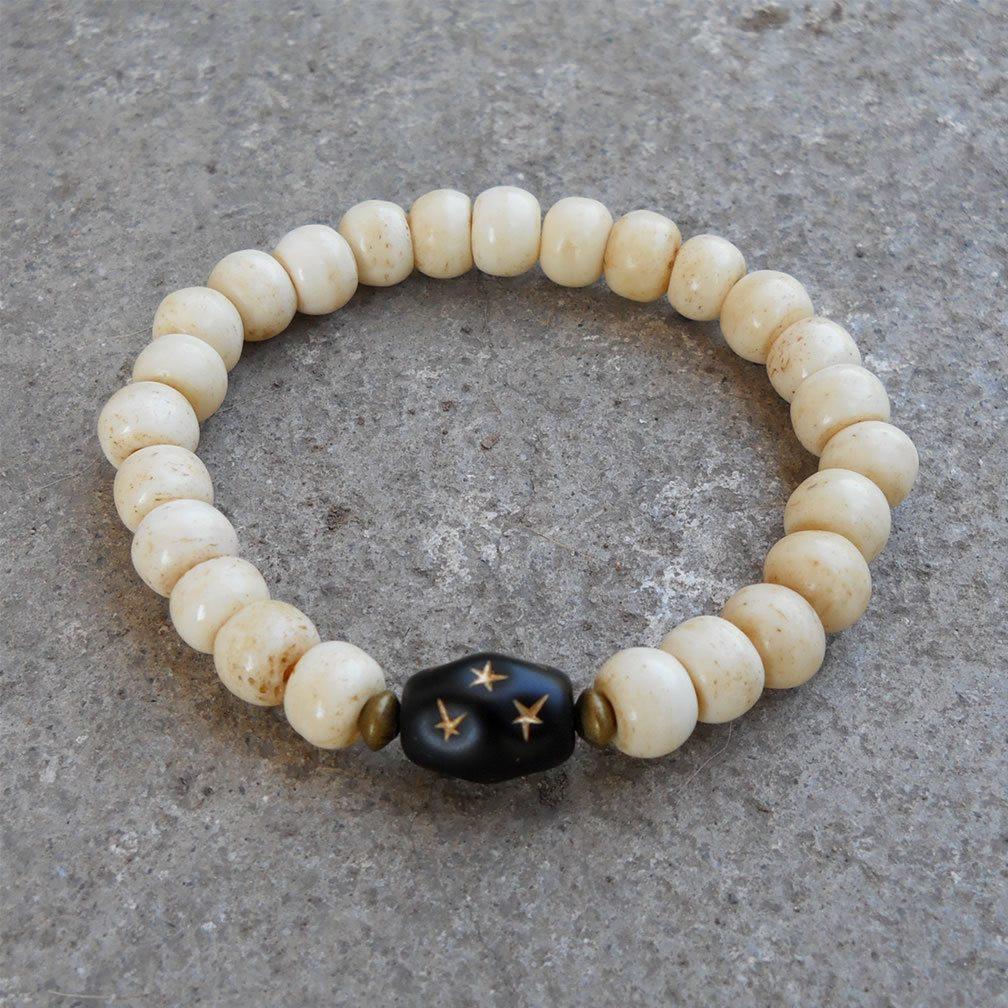 Bracelets - Bone Prayer Beads And Black Hand Painted Guru Bead Bracelet