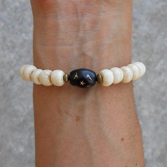 Bracelets - Bone Prayer Beads And Black Hand Painted Guru Bead Bracelet