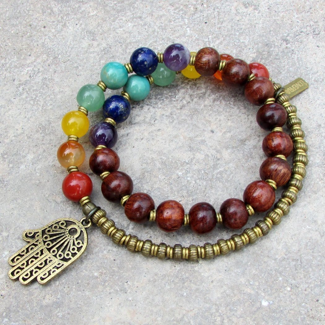 Bracelets - Chakra Bracelet, Genuine Gemstones And Wood 27 Bead Mala Wrap Chakra Bracelet