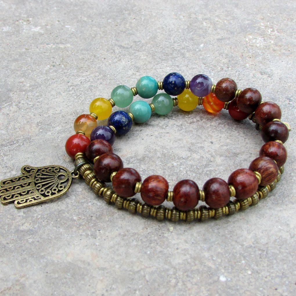 Bracelets - Chakra Bracelet, Genuine Gemstones And Wood 27 Bead Mala Wrap Chakra Bracelet