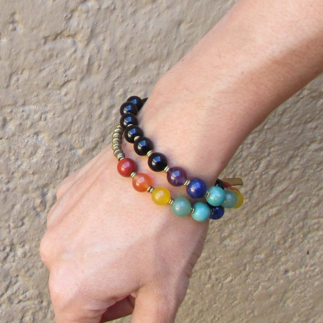 Onyx And Chakra Gemstones 27 Bead Wrap Mala Bracelet for wrist