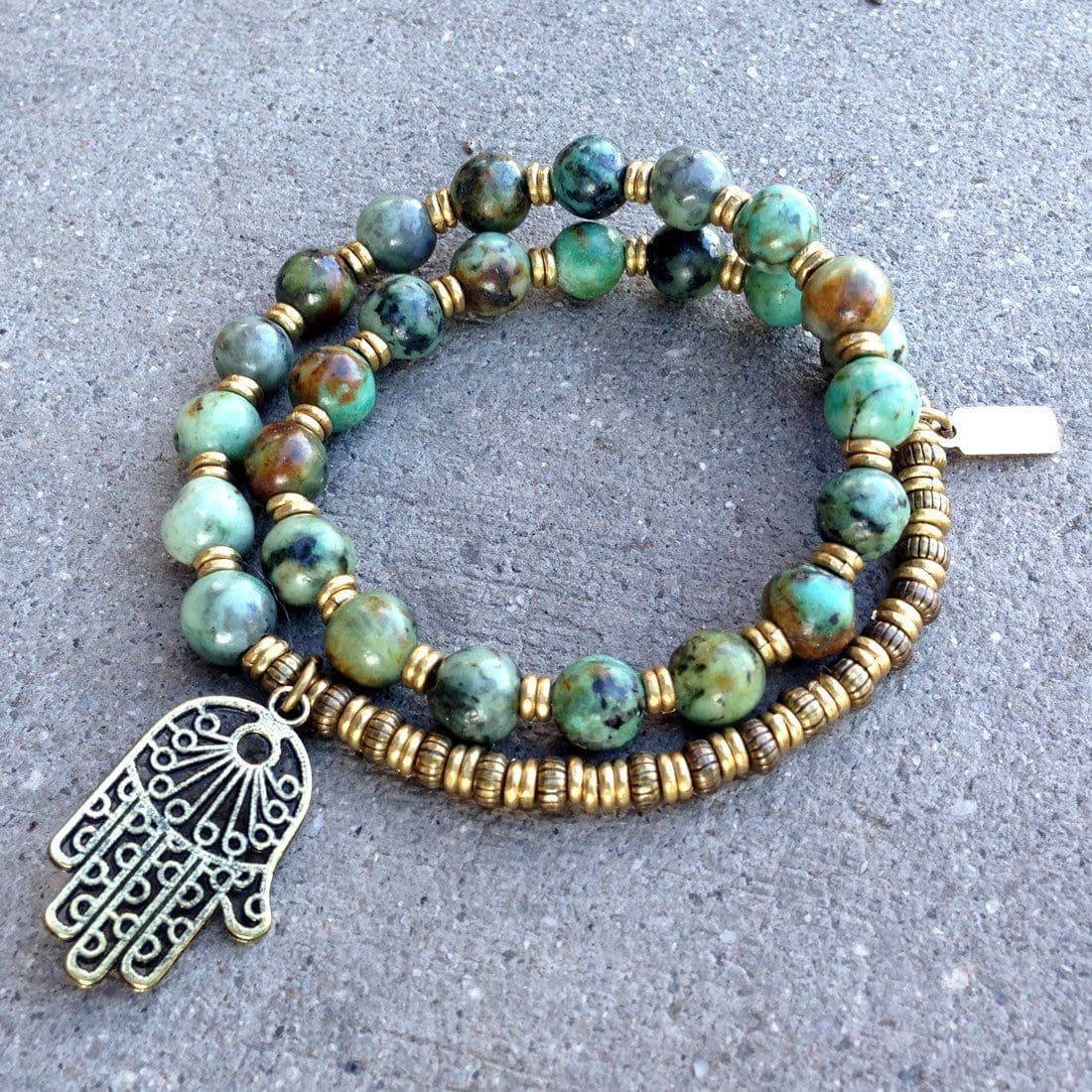 Bracelets - Change, African Turquoise 27 Beads Mala Bracelet With Hamsa Hand