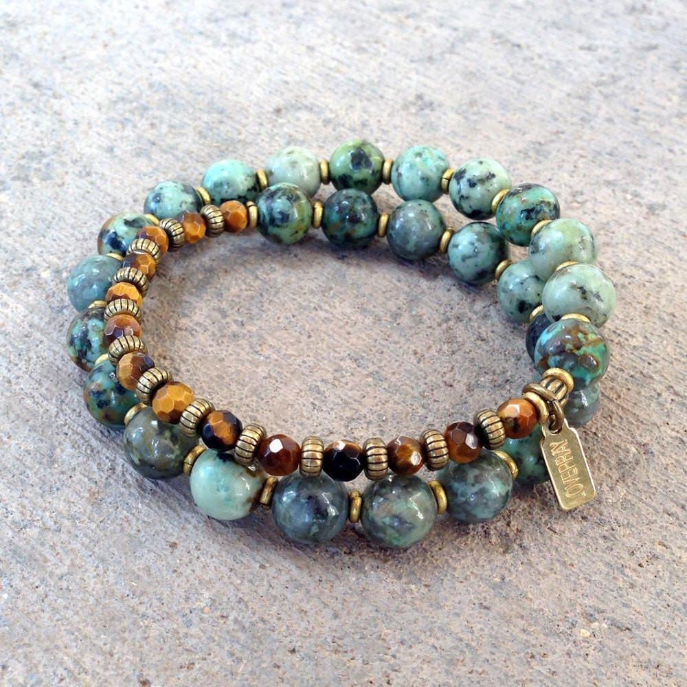 Bracelets - Change And Prosperity, African Turquoise And Tiger's Eye 27 Bead Wrap Mala Bracelet