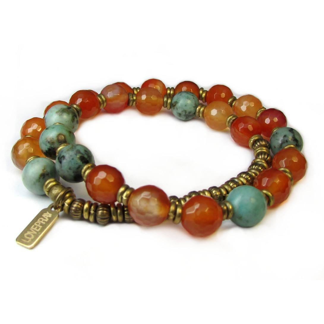 Bracelets - Change And Stability, Faceted Carnelian And African Turquoise 27 Bead Mala Wrap Bracelet