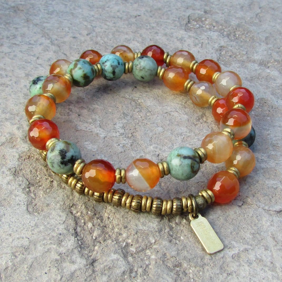 Bracelets - Change And Stability, Faceted Carnelian And African Turquoise 27 Bead Mala Wrap Bracelet